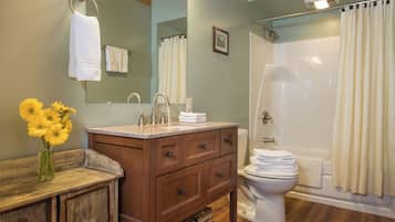 Combined shower/tub, hair dryer, towels