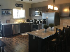 Fully stocked kitchen.