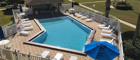 En rektangulär swimmingpool med ett kaklat poolområde, omgiven av vita staket och solstolar.