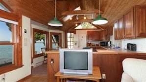 A kitchen with wooden cabinets, a microwave, and a television on a stand. - Glen Lake  - Spectacular Dune Views & Complete Privacy! (Glen Arbor)