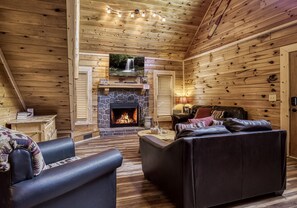 Flat-screen TV, fireplace, video games, DVD player