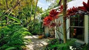 Un jardin luxuriant, où poussent de nombreuses plantes tropicales, et un petit bâtiment blanc doté de grandes fenêtres.