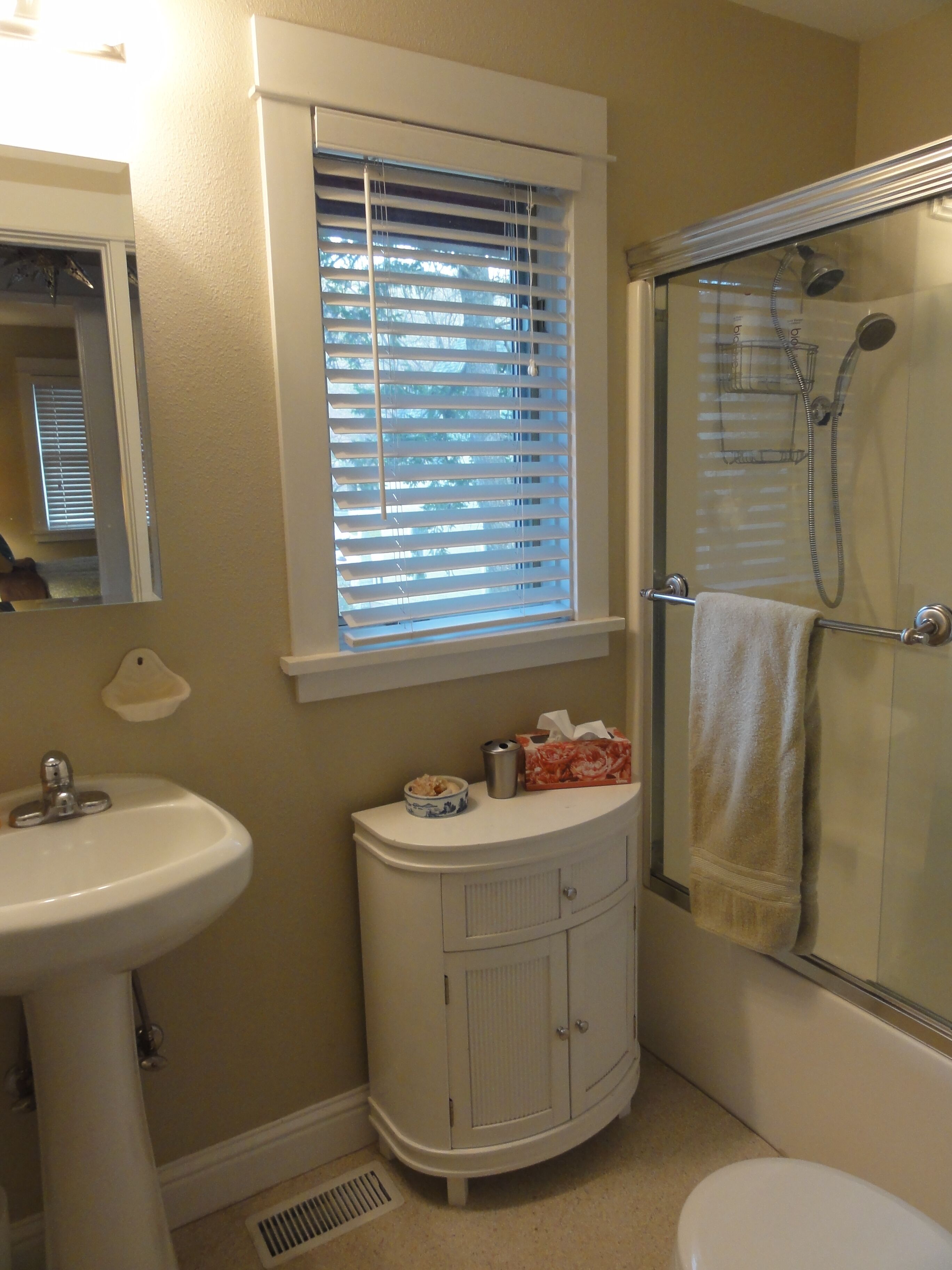 Combined shower/tub, hair dryer, towels, soap