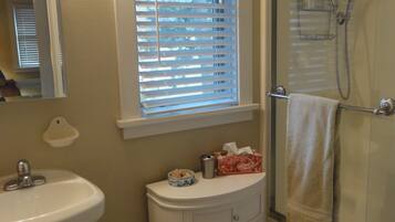 Combined shower/tub, hair dryer, towels, soap