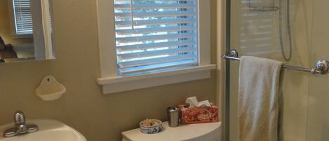 A bathroom with a sink, vanity, window with blinds, shower, and toilet.