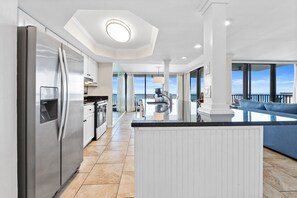 Fridge, microwave, oven, stovetop - Newly RENOVATED in 2025! Gulf Front Condo! PW 412 (Panama City Beach)
