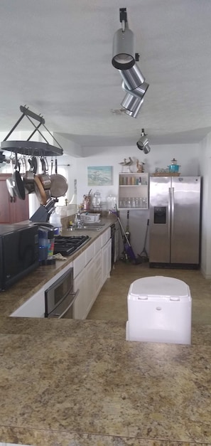 Kitchen features a central island with sink and stove, along with a refrigerator and microwave.