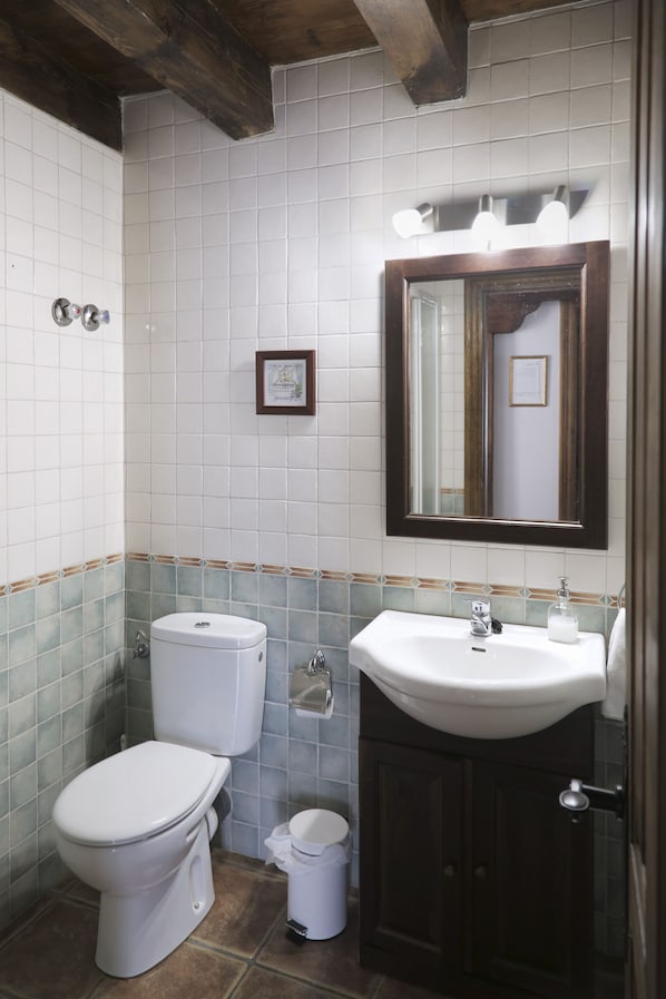 A bathroom with a toilet, sink, and mirror.