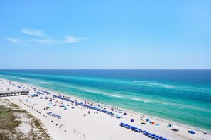 On the beach, sun loungers