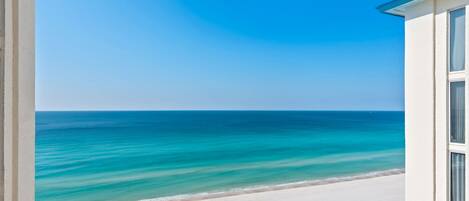 On the beach, sun loungers