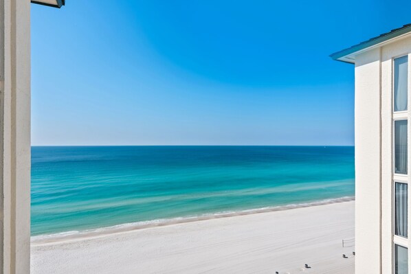 On the beach, sun-loungers
