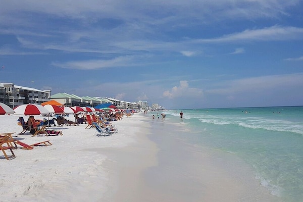 Beach nearby, sun loungers
