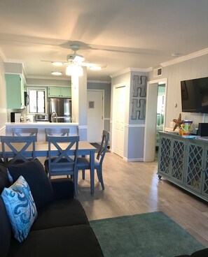 Smart TV, DVD player, books, video library