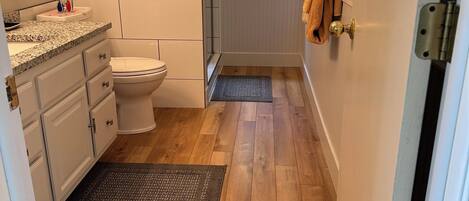 Een smalle badkamer met toilet, een wastafel met een granieten aanrechtblad, een klein raam met uitzicht op groen en een deur met een handdoek aan de hendel.
