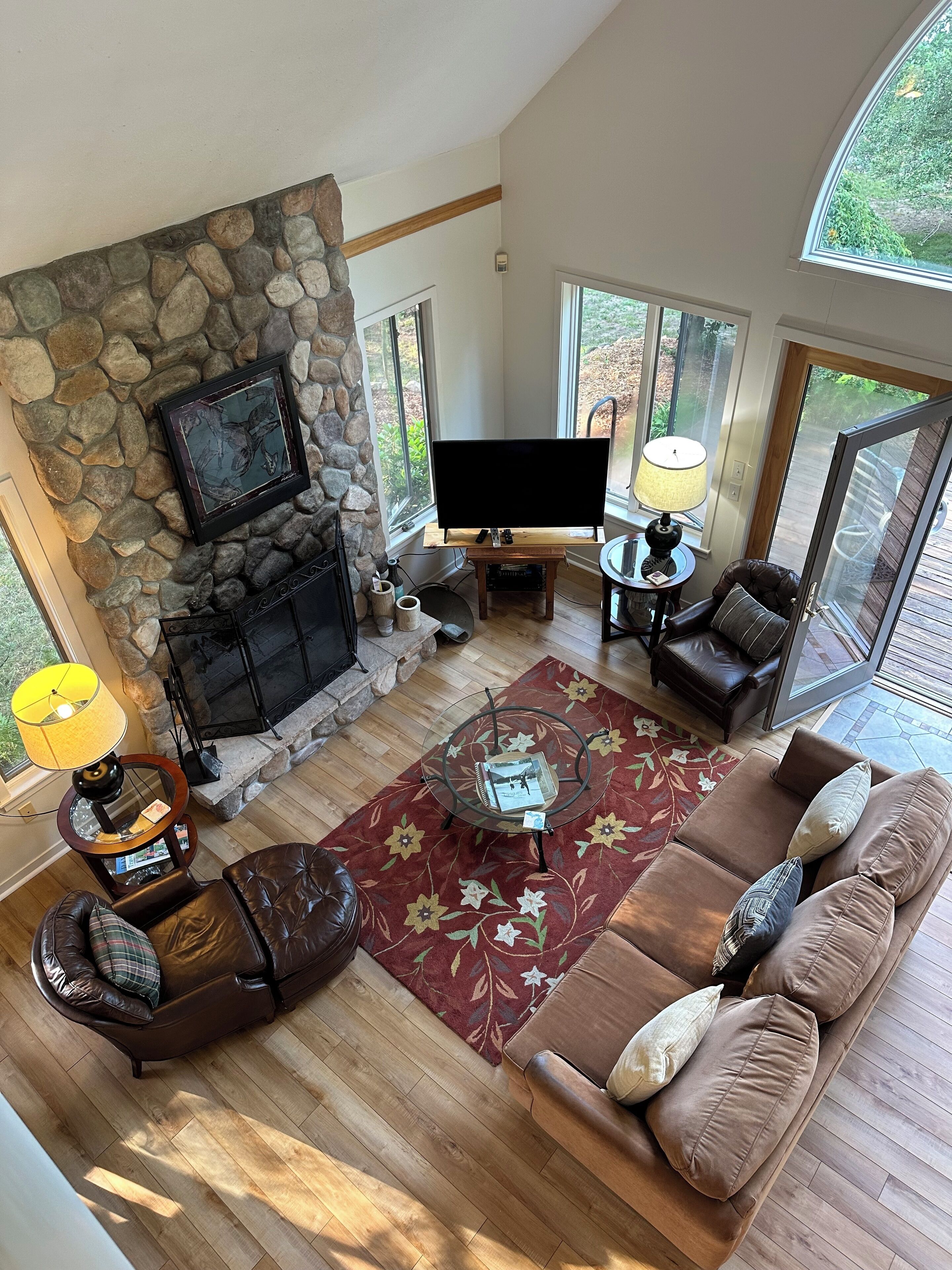 Télévision, cheminée, lecteur de DVD, livres