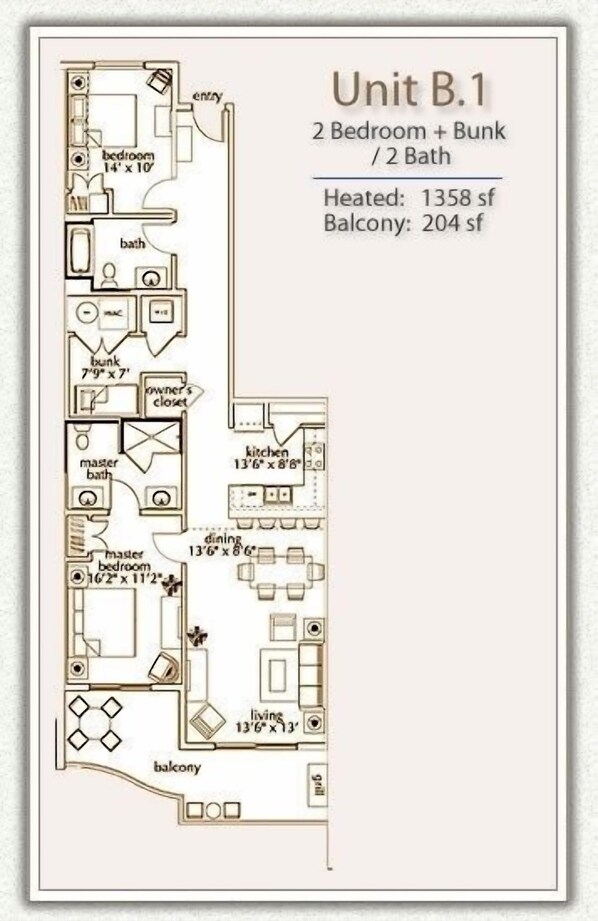 Plano de planta de la unidad B.1, con 2 dormitorios, una litera, 2 baños, cocina, comedor, sala de estar y un balcón.
