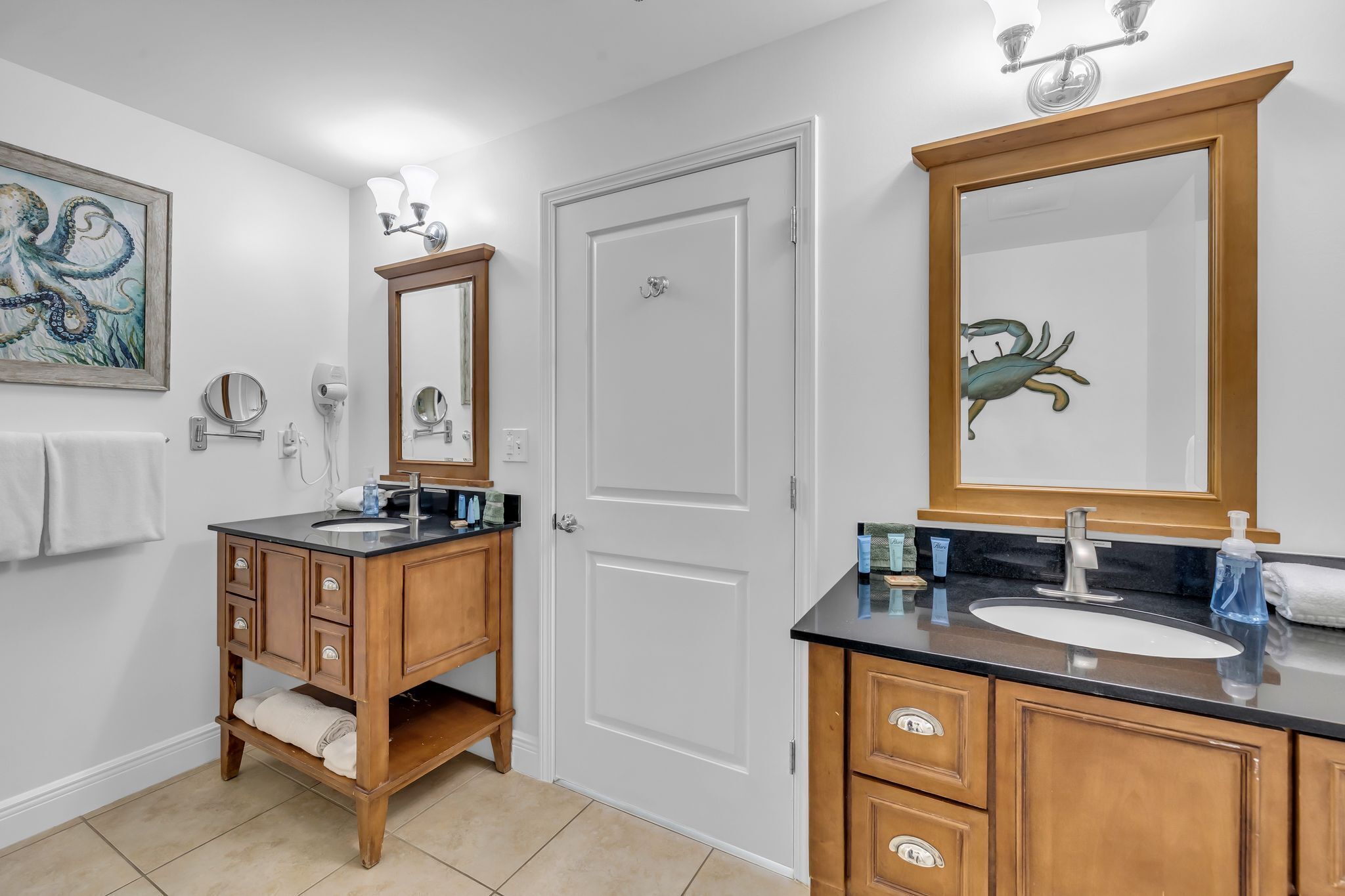 A bathroom with wooden cabinets, a sink, and a mirror.