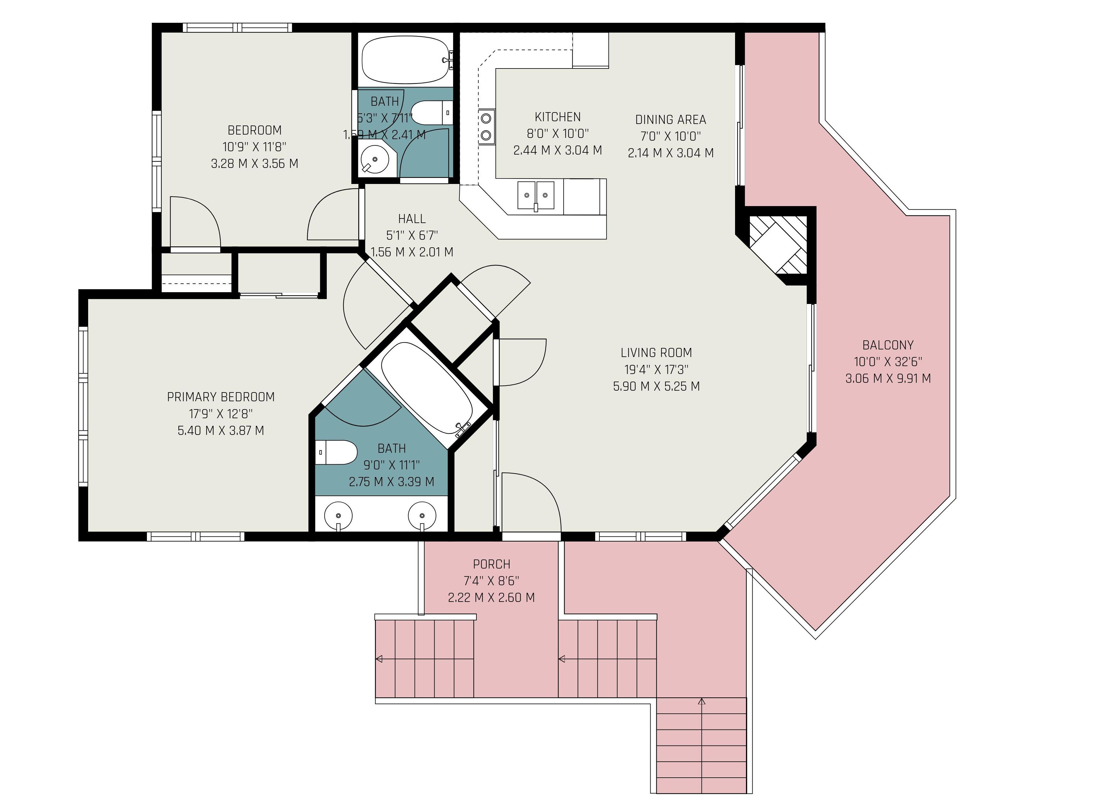 A floor plan of a house with a bedroom, bathroom, kitchen, dining area, living room, balcony, and porch.