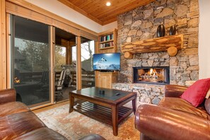 TV connectée, cheminée, lecteur de DVD, livres