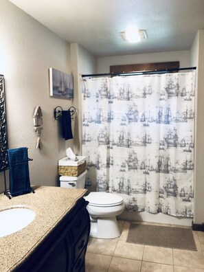 Combined shower/bathtub, hair dryer, towels, soap