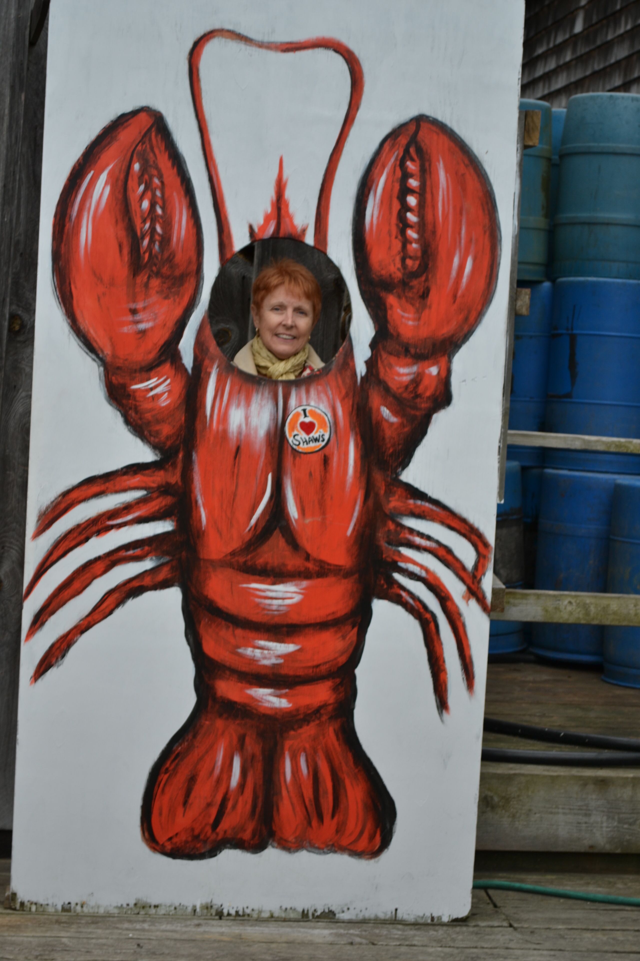 A person in a lobster costume with a logo on the chest.