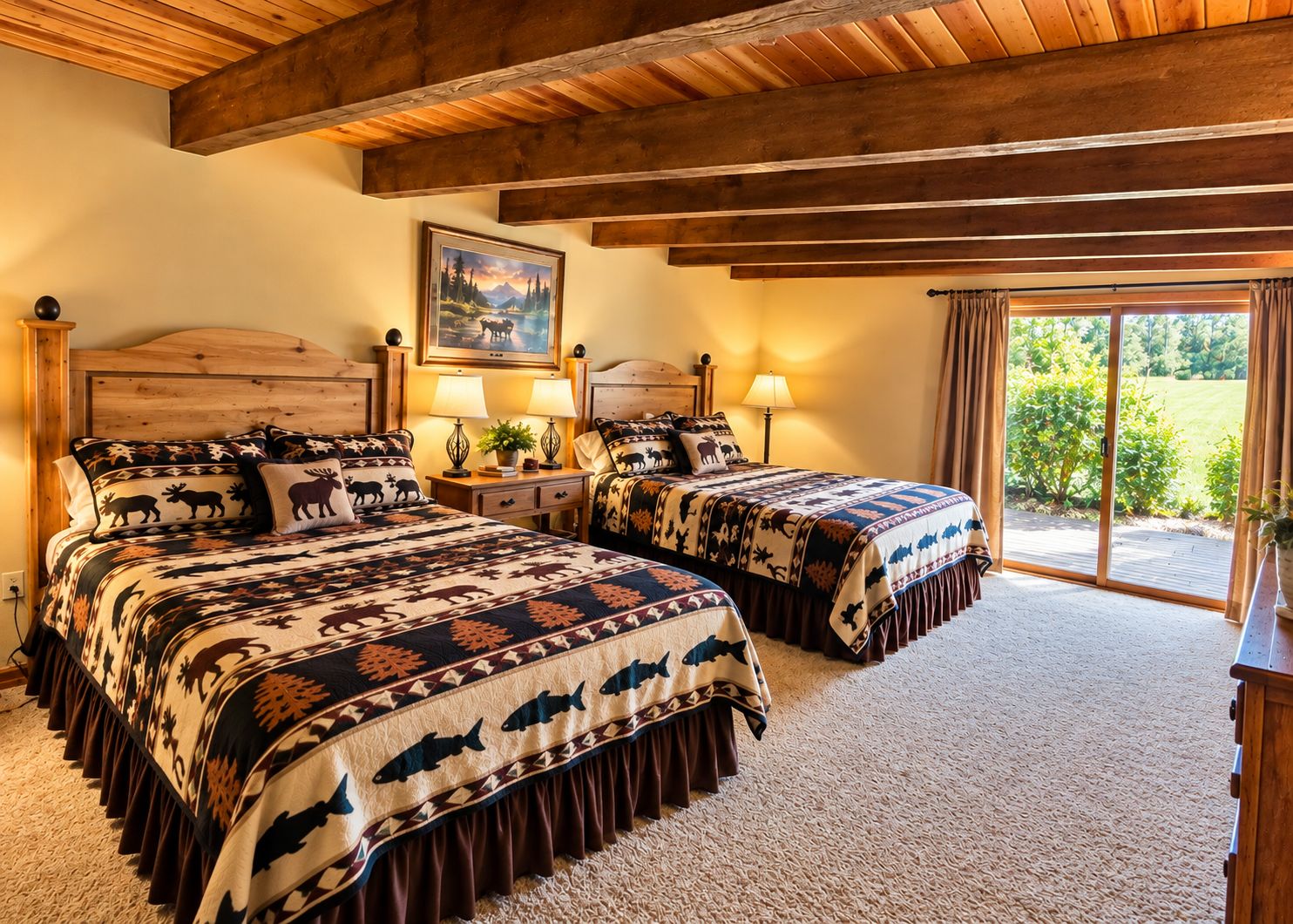 Un lit double avec une couvre-lit à motifs, deux tables de chevet avec des lampes, un tableau au mur et une vue à travers une porte-fenêtre coulissante.