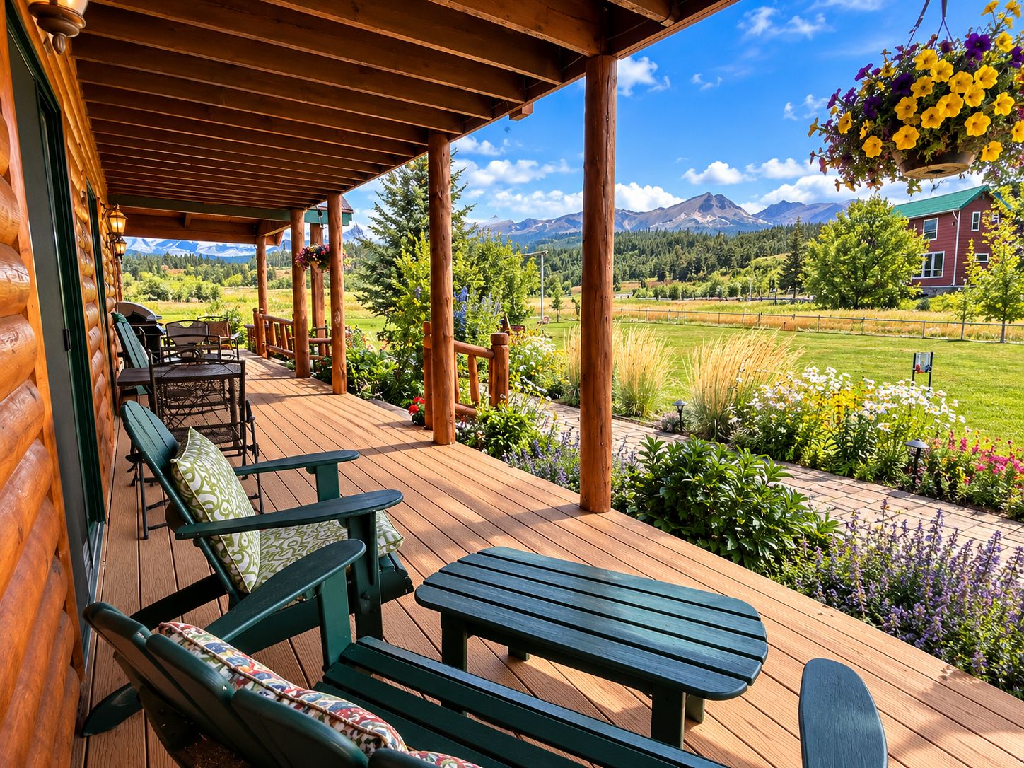A wooden deck with outdoor seating, a hanging flower basket, and a view of a green landscape with mountains in the distance.
