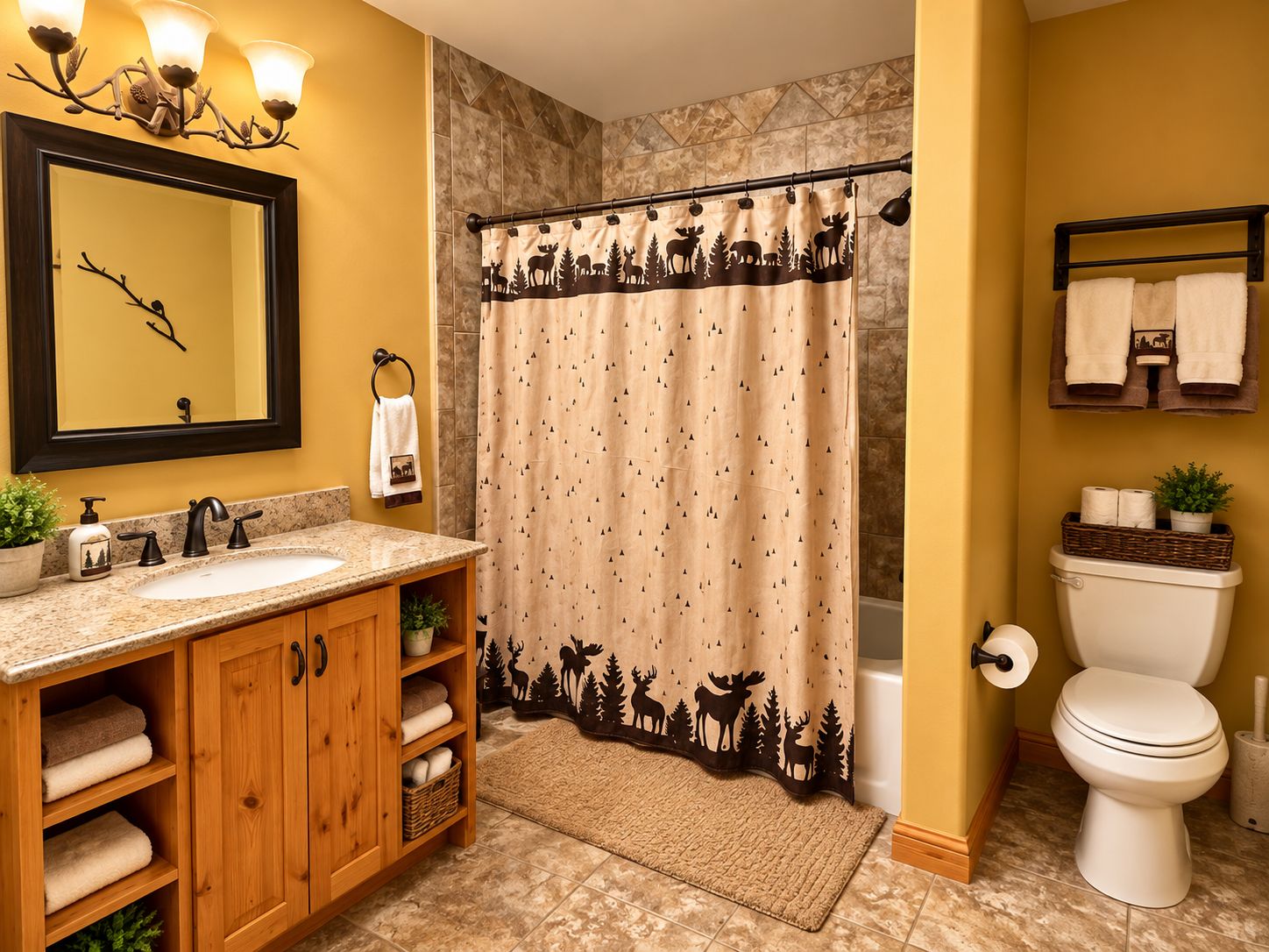 Une salle de bain avec deux lavabos, un miroir, un porte-serviettes, des toilettes et un rideau de douche orné d’un motif représentant une forêt et des animaux.