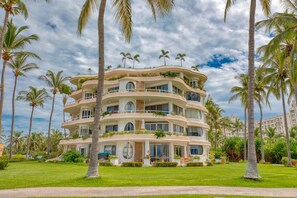 A multi-story hotel with balconies, surrounded by palm trees and a well-maintained lawn. - Beachfront 3-bedroom condo with pool (Bahia de Banderas)