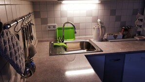 Una cocina con un lavamanos de acero inoxidable, un escurreplatos verde y un hervidor sobre la encimera.
