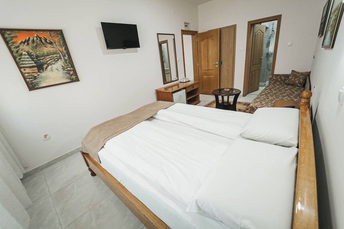 A bedroom with a bed, a dresser, a mirror, a television, and a painting on the wall.