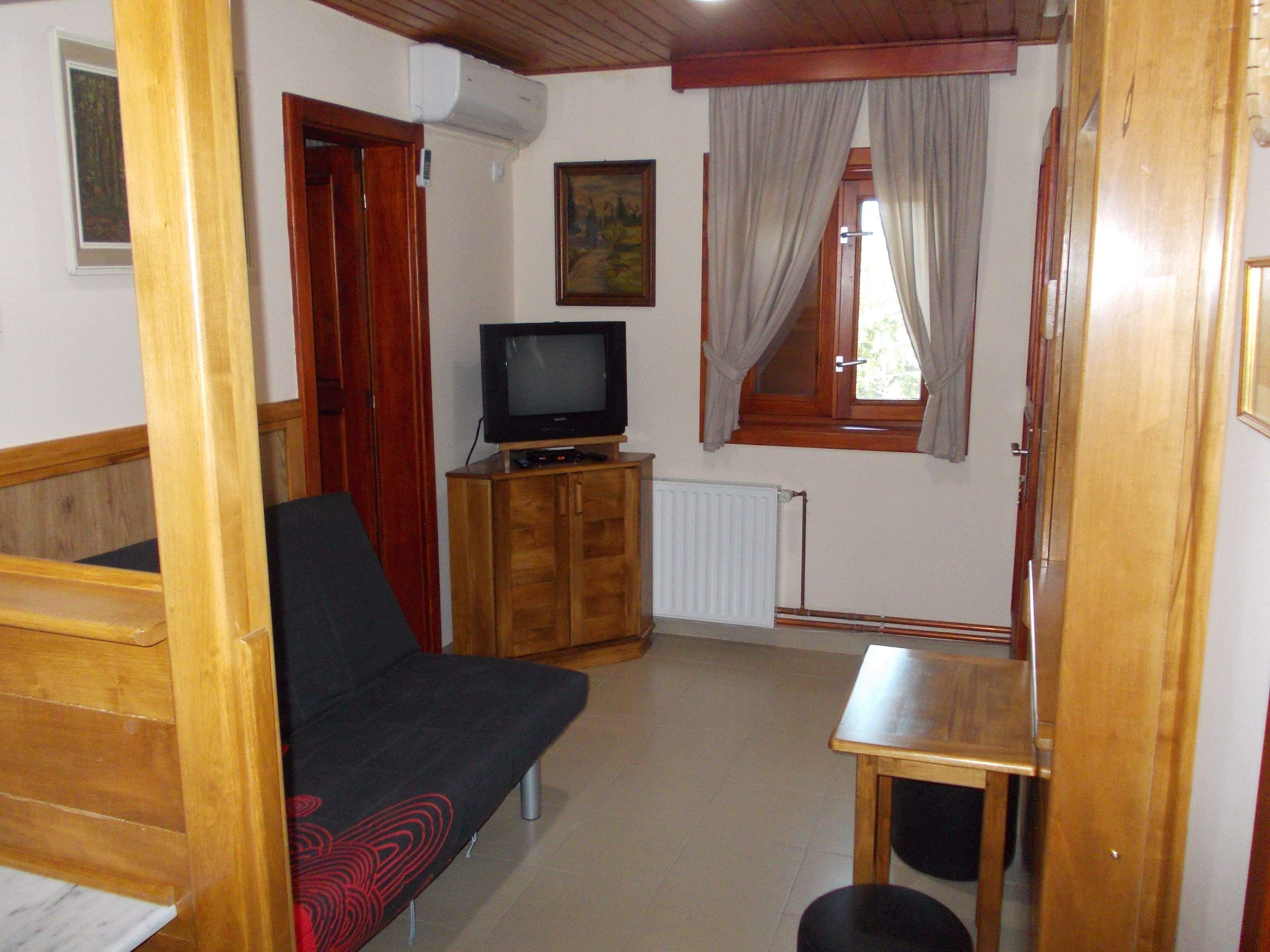 Una habitación con un sofá de madera, un televisor sobre un mueble de madera, una ventana con cortinas y un radiador.