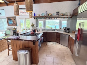 Una cocina con una isla de madera, electrodomésticos de acero inoxidable y vistas al exterior.