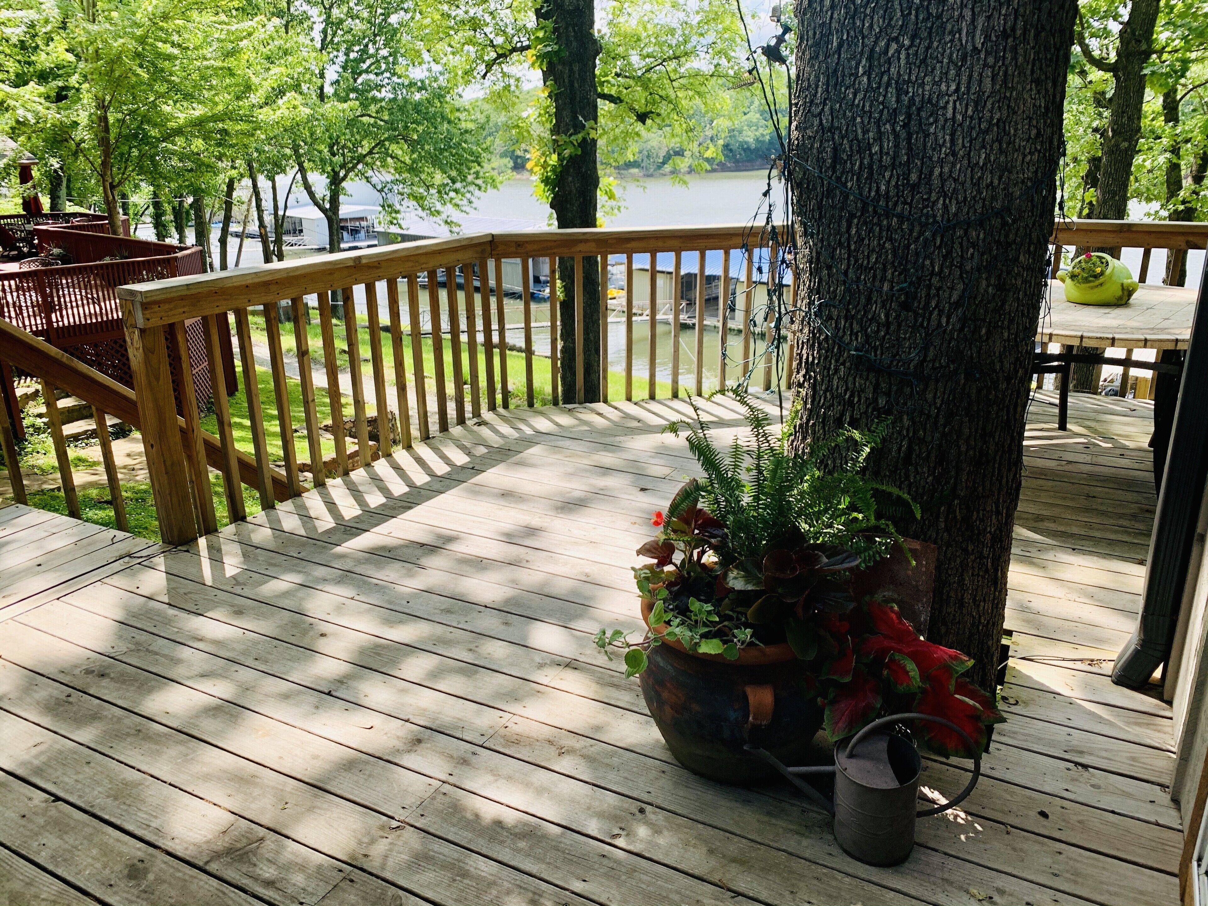 A wooden deck with a railing, a potted plant, and a metal watering can.