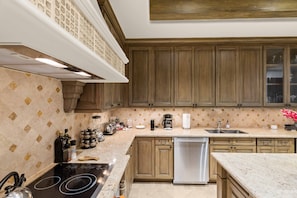 Enjoy cooking in this kitchen with a sleek induction cooktop, stainless steel dishwasher, and ample countertop space.