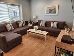 Una Smart TV, un reproductor de DVD, libros, un reproductor estéreo