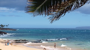 Ein Strand mit klarem, blauem Wasser, entspannten Menschen und Palmen.