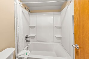 Combined shower/tub, hair dryer, towels, soap