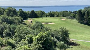 Un campo de golf con un cuerpo de agua al fondo, rodeado de árboles densos.