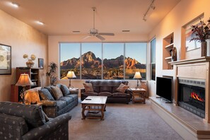 TV, fireplace, DVD player, books