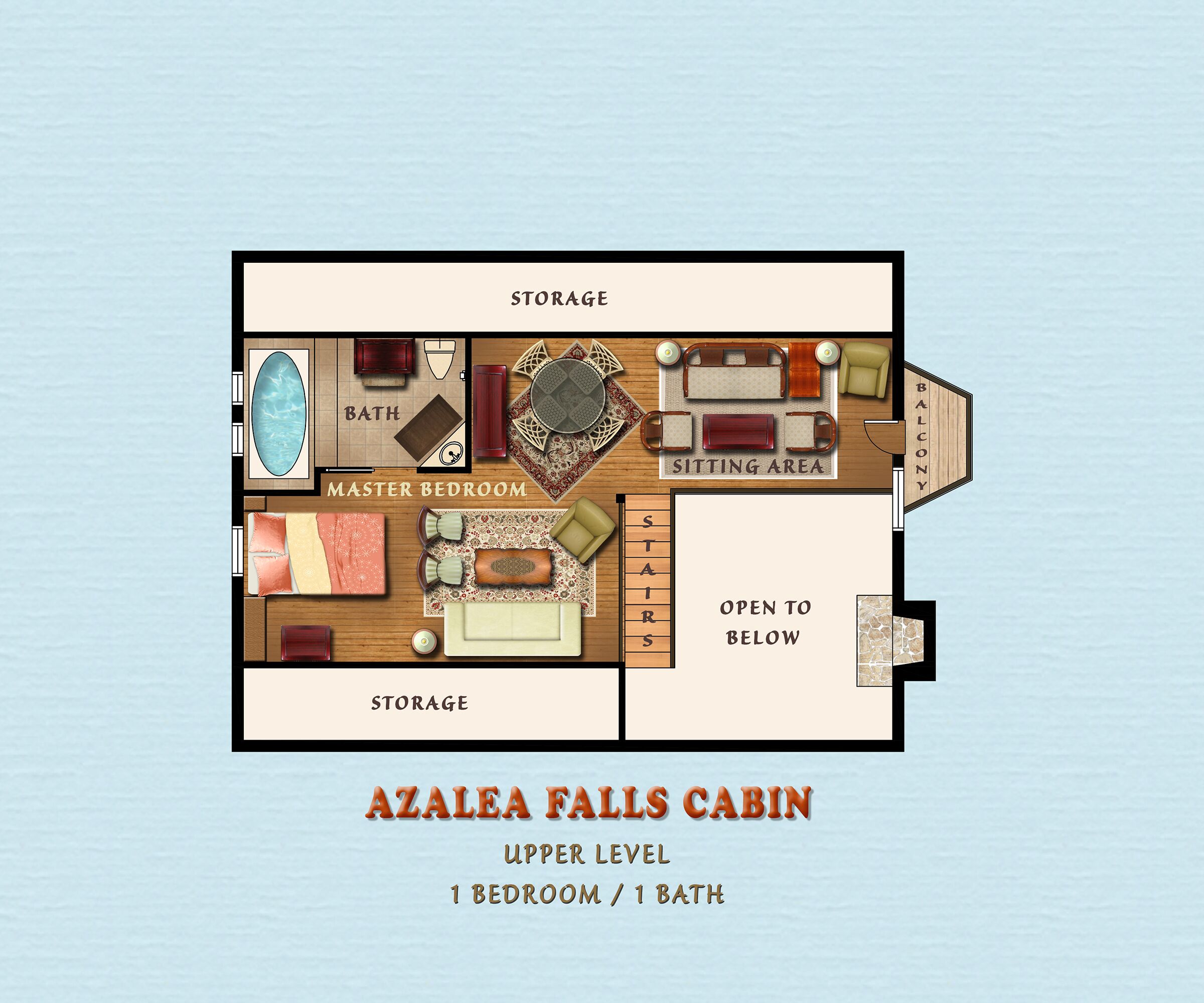 Planta baixa da cabana Azalea Falls, andar superior, com 1 quarto e 1 banheiro. Inclui um quarto principal, área de estar, varanda e espaço para armazenamento.