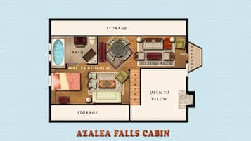 Planta baixa da cabana Azalea Falls, andar superior, com 1 quarto e 1 banheiro. Inclui um quarto principal, área de estar, varanda e espaço para armazenamento.