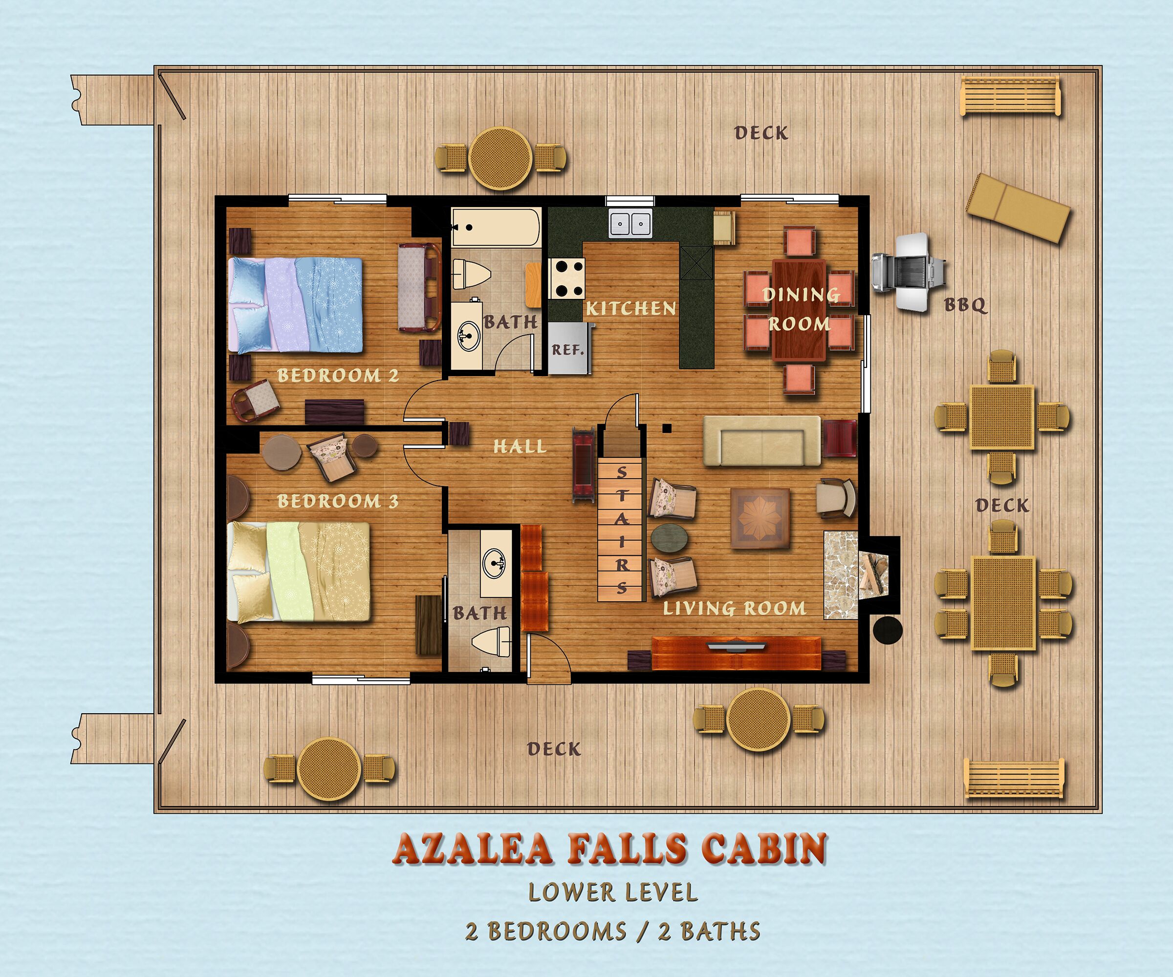 Layout de cabana com 2 quartos, 2 banheiros, área de jantar, cozinha, sala de estar, churrasqueira e deck.