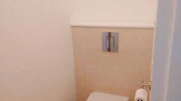 Et lille, kompakt badeværelse med toilet, toiletpapirholder og en proppe på gulvet.