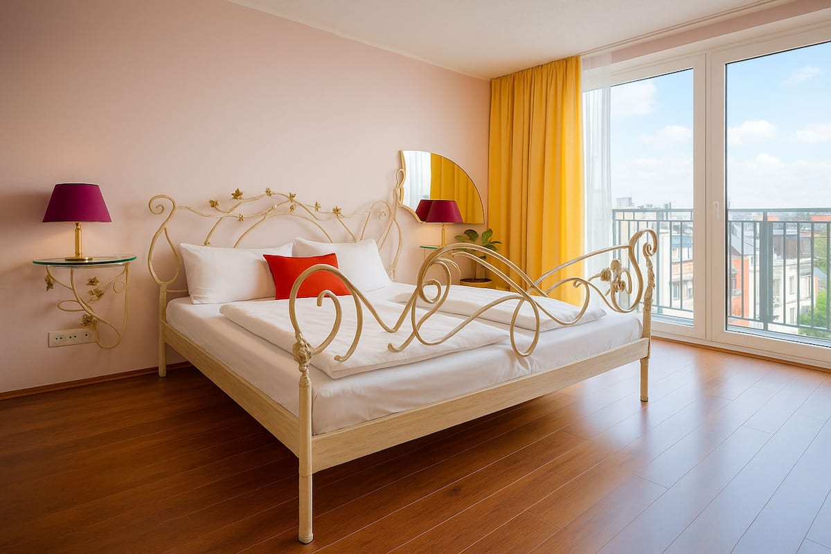 A neatly made bed with white linens and a red pillow, a gold-framed headboard, and a bedside table with a purple lamp.