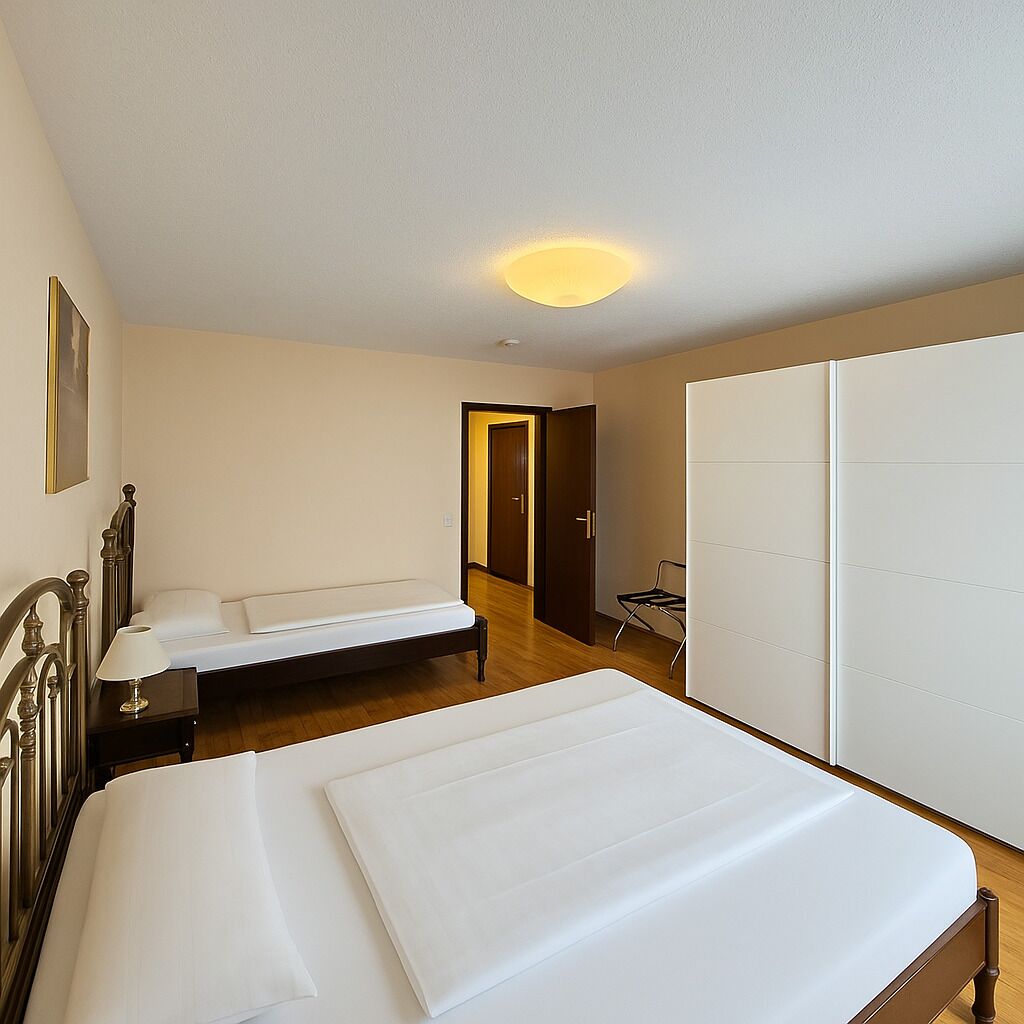 Ein Schlafzimmer mit einem großen Bett, einem kleineren Bett, einem Kleiderschrank und einem Schreibtisch.