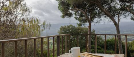 Una mesa de madera con una taza blanca y un libro abierto, frente a un paisaje con árboles y montañas.