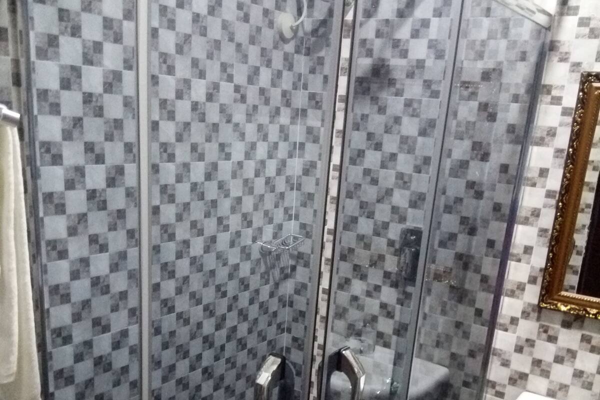 A glass-enclosed shower with checkered tile walls, a white sink, and a mirror on the wall.