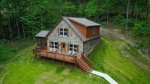 Escape to a serene forest retreat with a two-story cabin featuring a spacious deck and staircase.