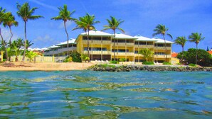 A hotel with multiple balconies, a pool, and palm trees.